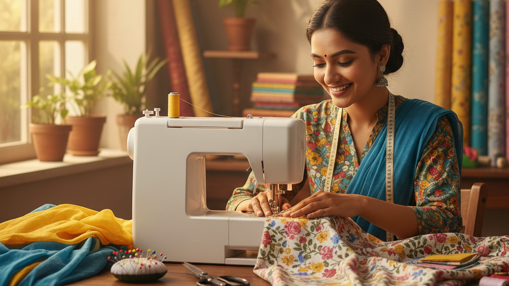 घर पर सिलाई मशीन का उपयोग करती हुई एक मुस्कुराती हुई भारतीय महिला, जिसके आस-पास रंगीन कपड़े रखे हैं।