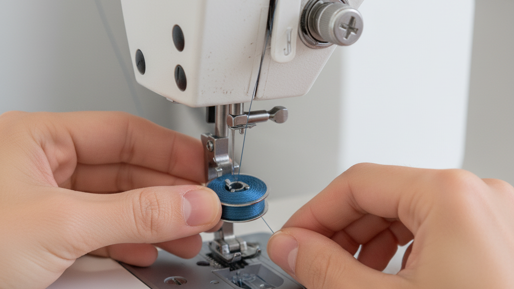 सिलाई मशीन के बॉबिन केस में भरी हुई बॉबिन डालते हुए हाथों का क्लोज-अप दृश्य।