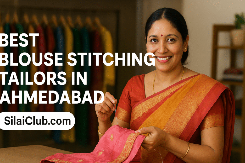 Blouse stitching in Ahmedabad, Indian woman tailor stitching a pink designer blouse in Ahmedabad boutique – Best blouse stitching tailor near me by SilaiClub.com